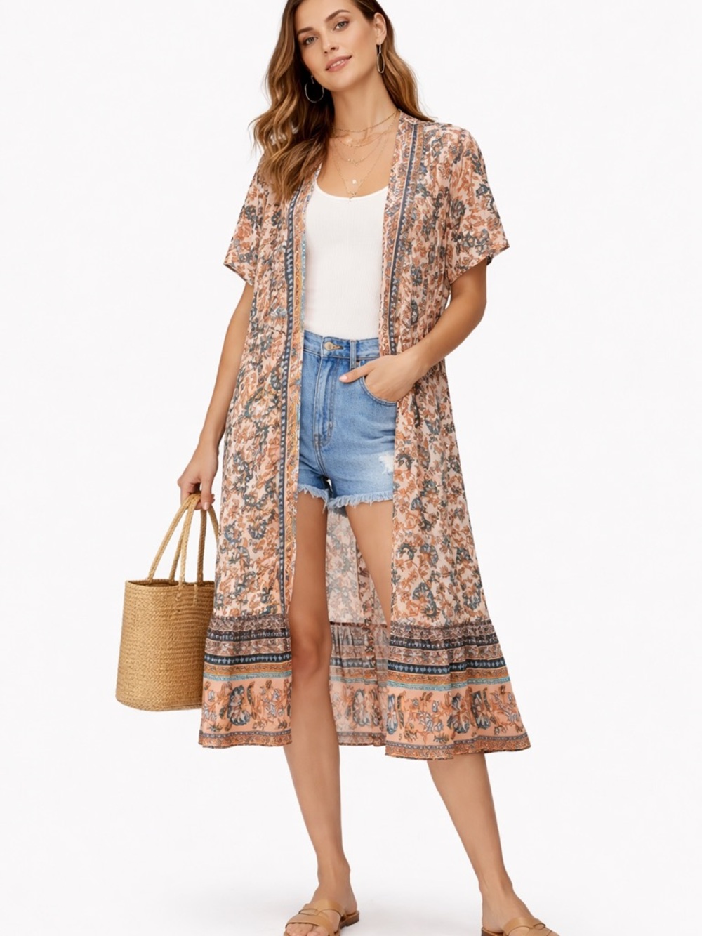 Anna Kaci Boho Longline Cardigan Duster XL Floral Paisley Kimono